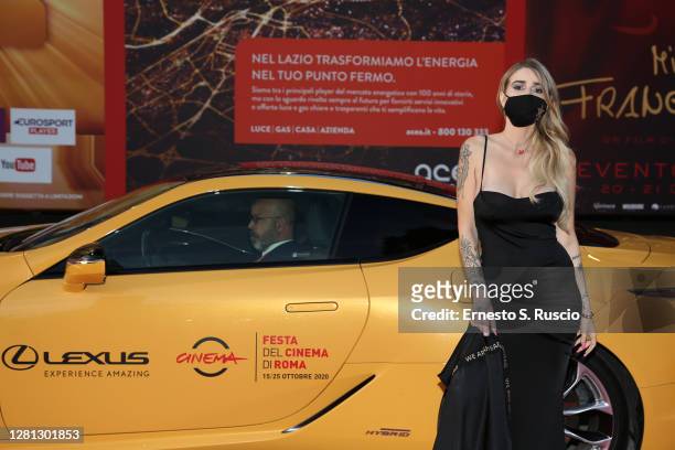 Ginevra Lambruschi arrives on the red carpet ahead of the "Calabria, Terra Mia" screening during the 15th Rome Film Fest on October 20, 2020 in Rome,...