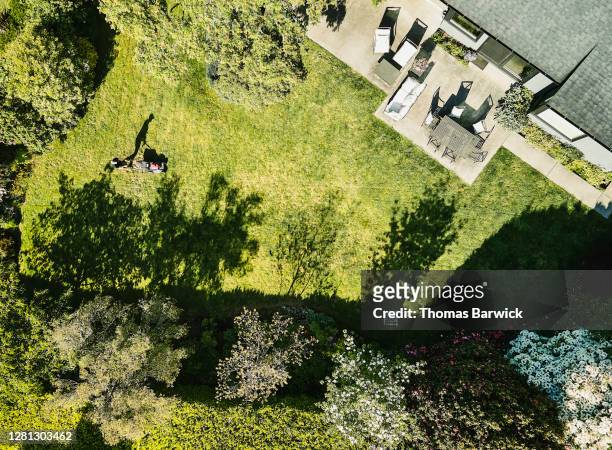 aerial view of man cutting grass in backyard of home - garden from above stock pictures, royalty-free photos & images