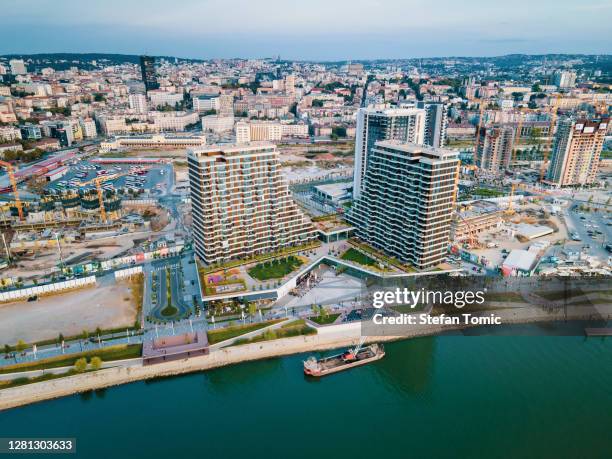 aerial view of new belgrade waterfront under construction in serbian capital - belgrade skyline imagens e fotografias de stock