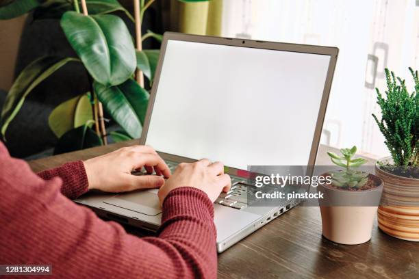 vrouw die computer gebruikt. het schieten van de vrouw en van de computer close-up. - desktop pc stockfoto's en -beelden