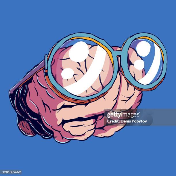 hand-drawn vector funny comic art - brain with glasses. - science nerd stock illustrations