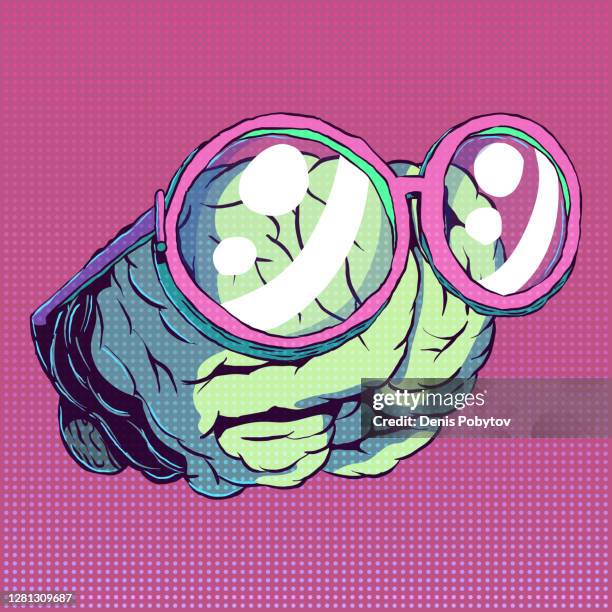 hand-drawn vector funny comic art - brain with glasses. - nerd fun stock illustrations