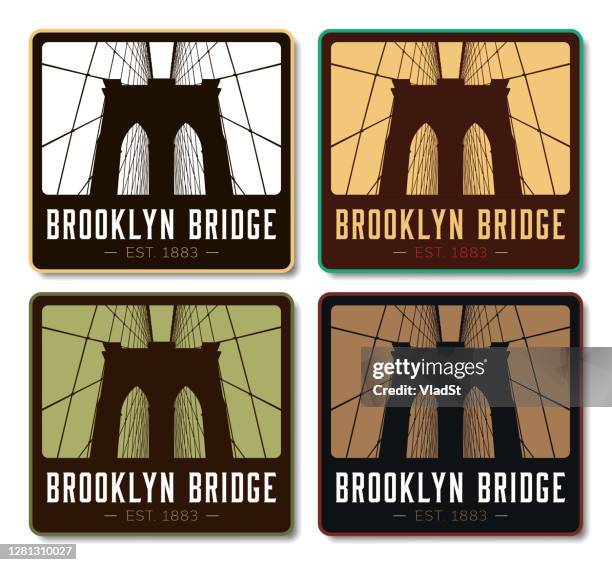 ilustraciones, imágenes clip art, dibujos animados e iconos de stock de brooklyn bridge new york city vintage retro travel etiquetas engomadas - brooklyn bridge