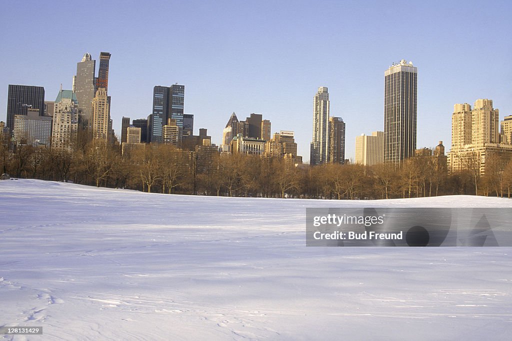 Central Park in winter w/skyline in bkgd, NYC