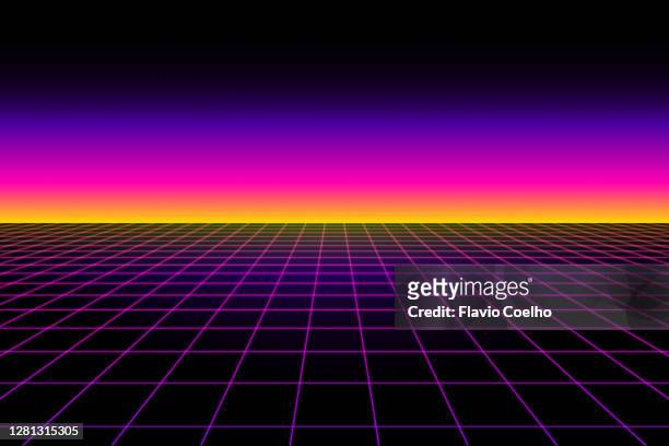bright sunset background with pink grid in perspective - 80s backgrounds stockfoto's en -beelden