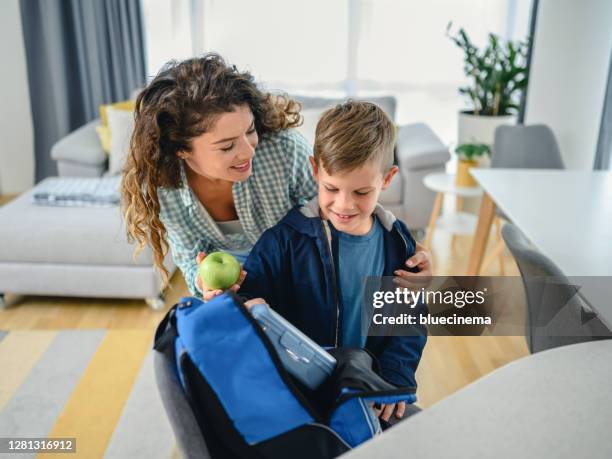 het kind dat van de school lunchdoos van haar moeder neemt - boy packlunch stockfoto's en -beelden