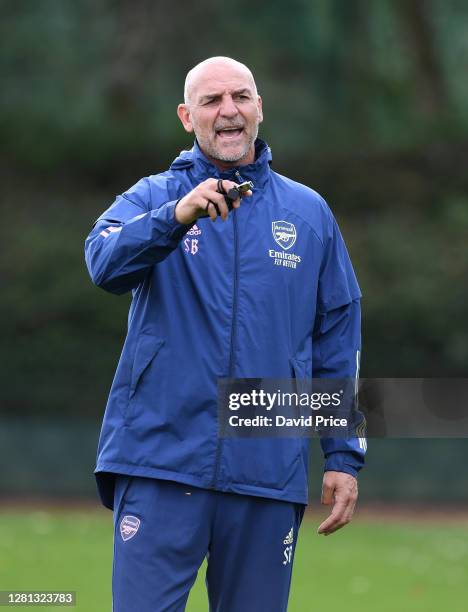 Steve Bould, the Arsenal U23 Manager, reacts during the Arsenal U23 training session at London Colney on October 20, 2020 in St Albans, England.