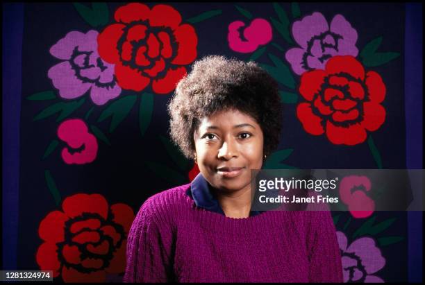 Portrait of American author, poet, and activist Alice Walker as she poses in her home, San Francisco, California, November 1, 1982.