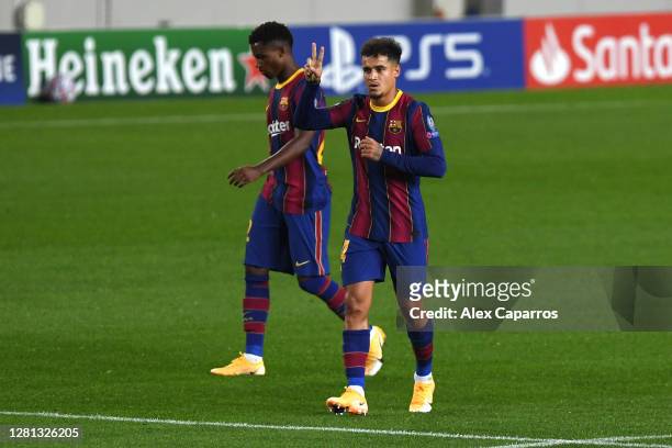 Philippe Coutinho of FC Barcelona celebrates after scoring his sides third goal during the UEFA Champions League Group G stage match between FC...
