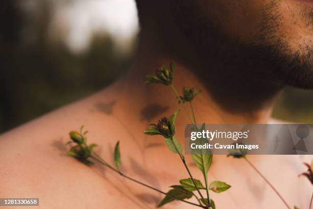 flower buds on bare skin of a man, concept of tenderness - throat stock pictures, royalty-free photos & images