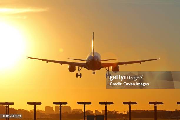 airplane landing as the sun sets. - aerospace engineering stock-fotos und bilder