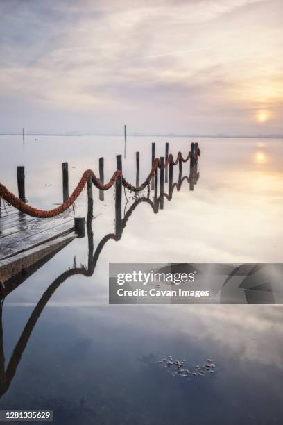 old wooden port submerged at sunrise - estuario photos et images de collection