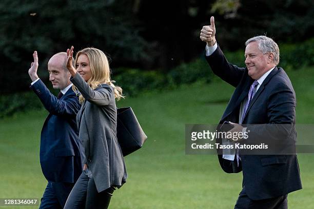 Senior advisor for policy Stephen Miller, White House Press Secretary Kayleigh McEnany and White House Chief of Staff Mark Meadows waves to guests...