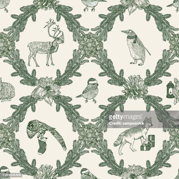traditional christmas winter argyle animal seamless pattern - pinecone stock illustrations