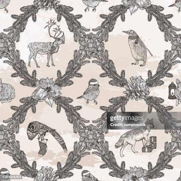 traditional christmas winter argyle animal seamless pattern - chickadee stock illustrations