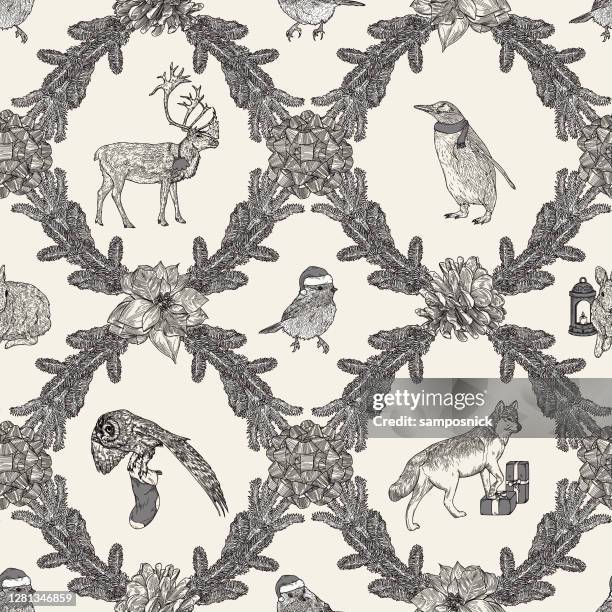 traditional christmas winter argyle animal seamless pattern - chickadee stock illustrations