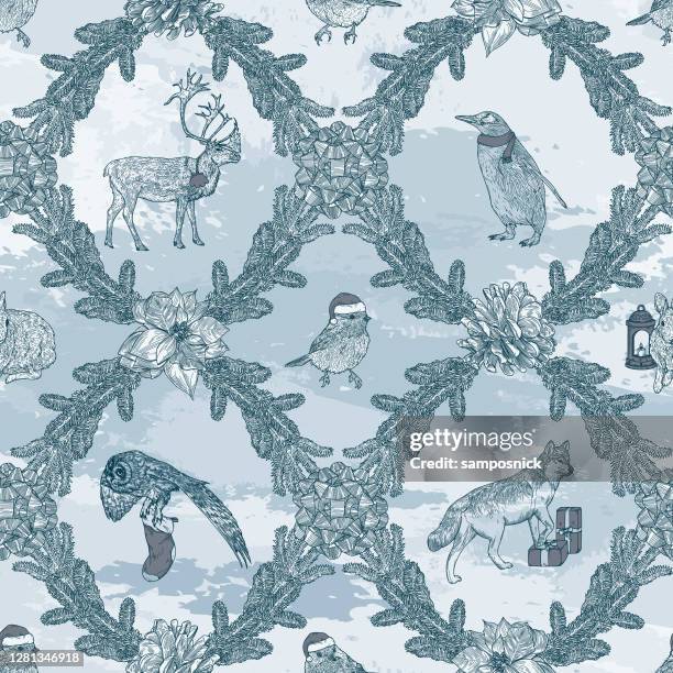 traditional christmas winter argyle animal seamless pattern - chickadee stock illustrations