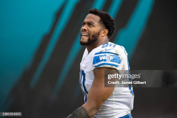 Trey Flowers of the Detroit Lions looks on as he exits the field after a game against the Jacksonville Jaguars at TIAA Bank Field on October 18, 2020...