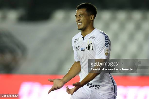 Marcos Leonardo of Santos celebrates after scoring the second goal of his team during a Group G match of Copa CONMEBOL Libertadores 2020 between...