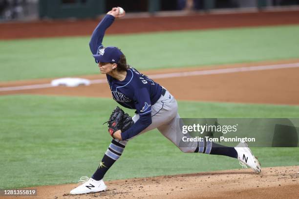 Tyler Glasnow of the Tampa Bay Rays delivers the pitch against the Los Angeles Dodgers during the first inning in Game One of the 2020 MLB World...