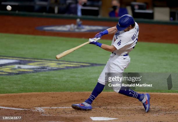 Cody Bellinger of the Los Angeles Dodgers hits a two run home run against the Tampa Bay Rays during the fourth inning in Game One of the 2020 MLB...