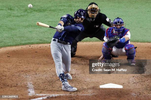 Kevin Kiermaier of the Tampa Bay Rays hits a solo home run against the Los Angeles Dodgers during the fifth inning in Game One of the 2020 MLB World...