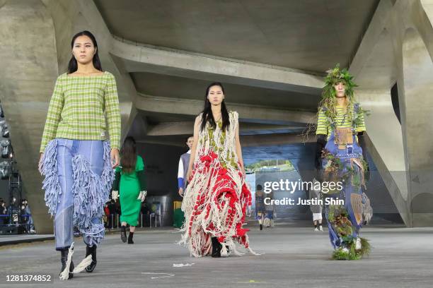 In this image released on OCTOBER 21, models showcase designs by PAINTERS at the pre-shooting of runway show as a part of GENERATION NEXT Designers...