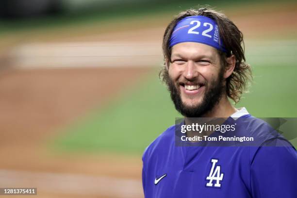 Clayton Kershaw of the Los Angeles Dodgers celebrate his teams 8-3 victory against the Tampa Bay Rays in Game One of the 2020 MLB World Series at...