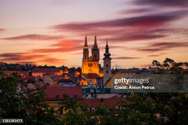 sunset view of the cathedral in zagreb. croatia - zagreb night stock pictures, royalty-free photos & images