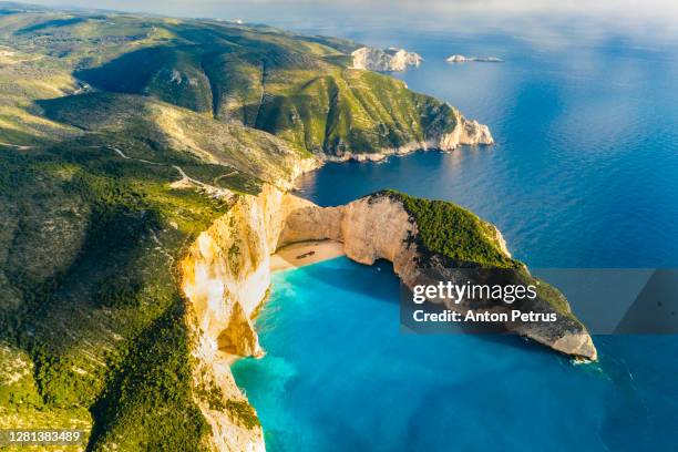 aerial view of navagio (shipwreck) beach in zakynthos island, greece. - ionian islands stock-fotos und bilder