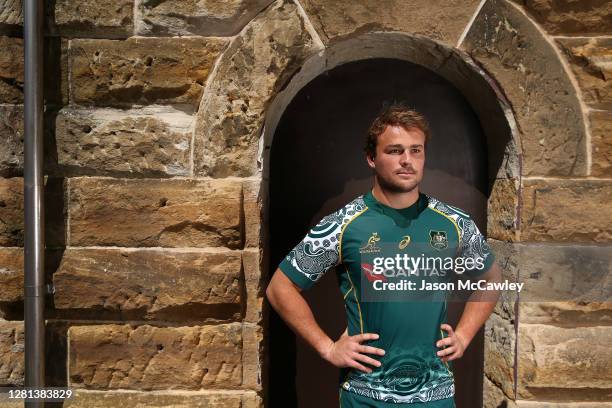 Harry Wilson of the Wallabies poses during the unveiling of the Wallabies Indigenous jersey at the National Centre of Indigenous Excellence on...