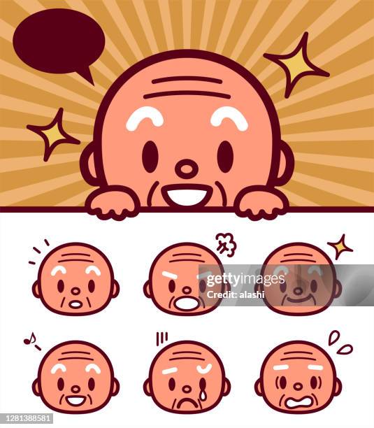 facial expression (emoticons) of cute bald senior man holding a blank sign - old man emoji stock illustrations