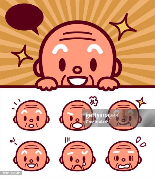 facial expression (emoticons) of cute bald senior man holding a blank sign - emotional stress family stock illustrations