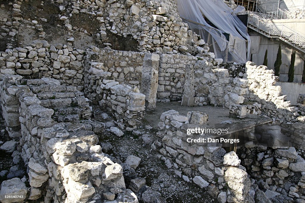 The City of David in Jerusalem. Israel. The House of Achiel from the First Temple time. Right side of the house is a steep wall of stones, it is a supporting wall from the Jevosite or Canaanite era (12th or 13th centuries B.C.)