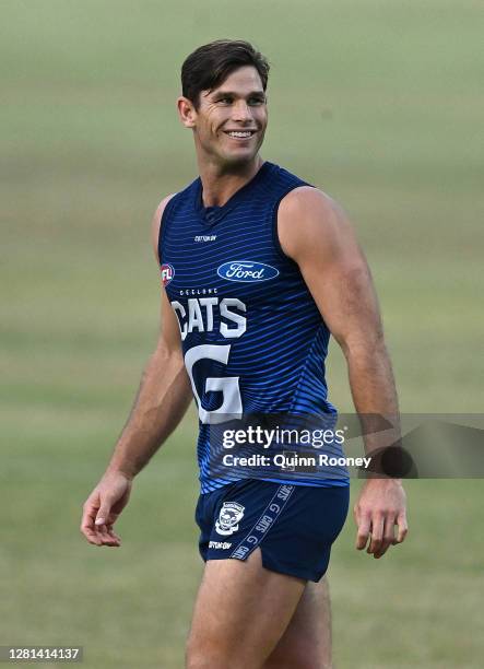 Tom Hawkins of the Cats looks on during a Geelong Cats AFL training session at Mantra Southport Sharks Oval on October 21, 2020 in Gold Coast,...