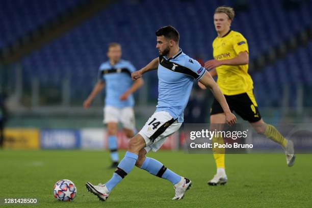 Wesley Hoedt of SS Lazio in action during the UEFA Champions League Group F stage match between SS Lazio and Borussia Dortmund at Stadio Olimpico on...