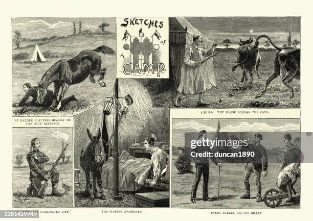 comic sketches of a camp, victorian, 19th century - camping mishap stock illustrations