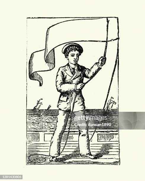 sailor raising the pennon (pennant) flag, 19th century - vintage sailor stock illustrations