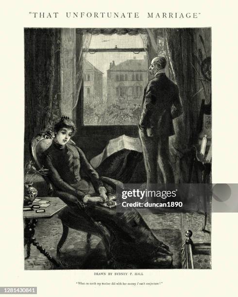 that unfortunate marriage, victorian unhappy couple, 19th century - age contrast stock illustrations