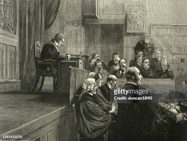 ilustrações de stock, clip art, desenhos animados e ícones de victorian courtroom, judge, jury, lawyers 19th century - courthouse