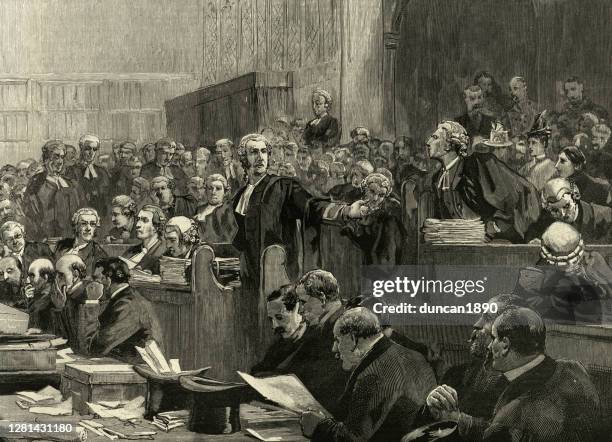 ilustrações de stock, clip art, desenhos animados e ícones de victorian courtroom, lawyers, defence and prosecution desks, audience, 19th century - courthouse