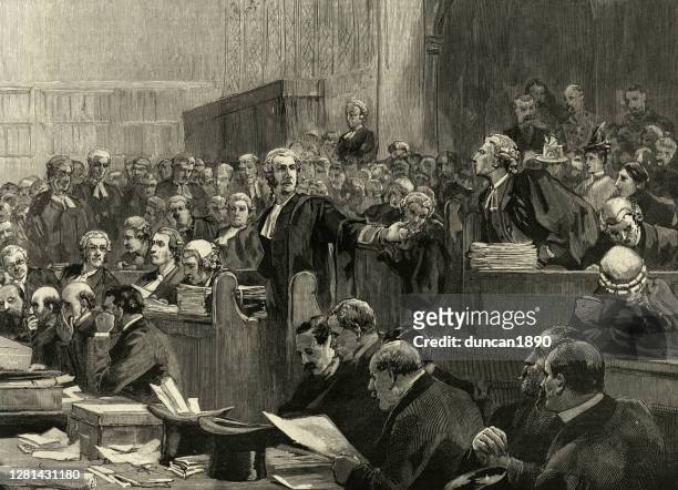victorian courtroom, lawyers, defence and prosecution desks, audience, 19th century - criminal trial stock illustrations