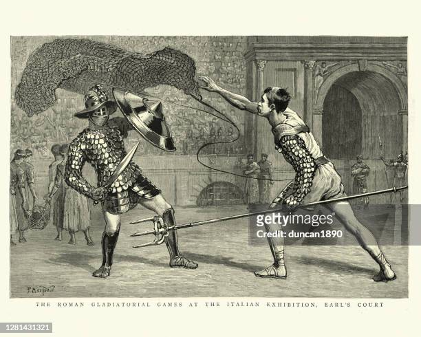 viktorianische reenactment der römischen gladiatorenspiele - gladiator stock-grafiken, -clipart, -cartoons und -symbole