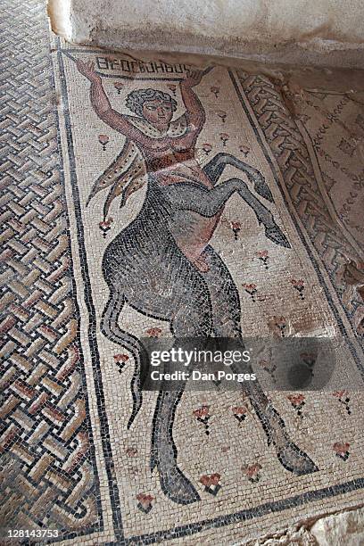 mosaic floors of the nile house. a centaur holding an object bearing a greek inscription. zippori, ancient city in the lower galilee. israel - tzippori stock pictures, royalty-free photos & images