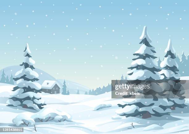 tranquil snowy winter scene - winter trees stock illustrations