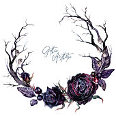 Watercolor Floral Gothic Wreath with Dry Branches and Black Roses