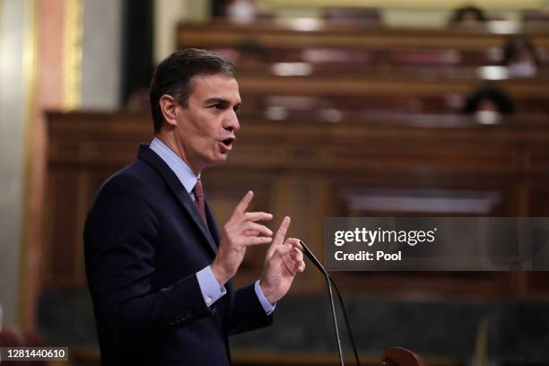 President of Spain, Pedro Sanchez is seen during the no-confidence motion registered by VOX party on October 21, 2020 in Madrid, Spain.