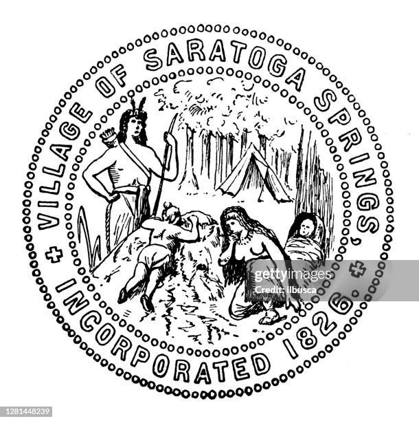 antique illustration of historic towns of the middle states: saratoga springs, town seal - saratoga springs stock illustrations