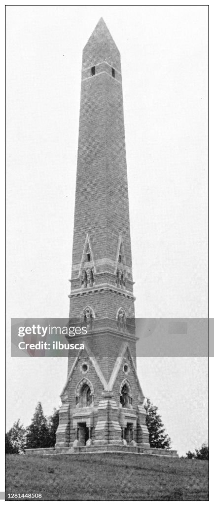 Antique black and white photograph of historic towns of the middle States: Saratoga battle monument, Schuylerville