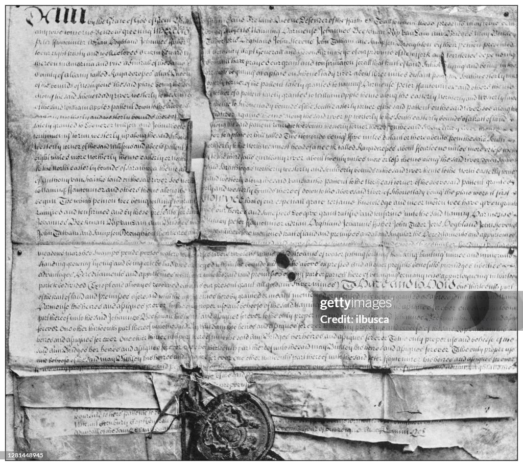 Antique black and white photograph of historic towns of the middle States: Saratoga, Kayadrossera Patent with great seal of Queen Anne Pendant, 1708